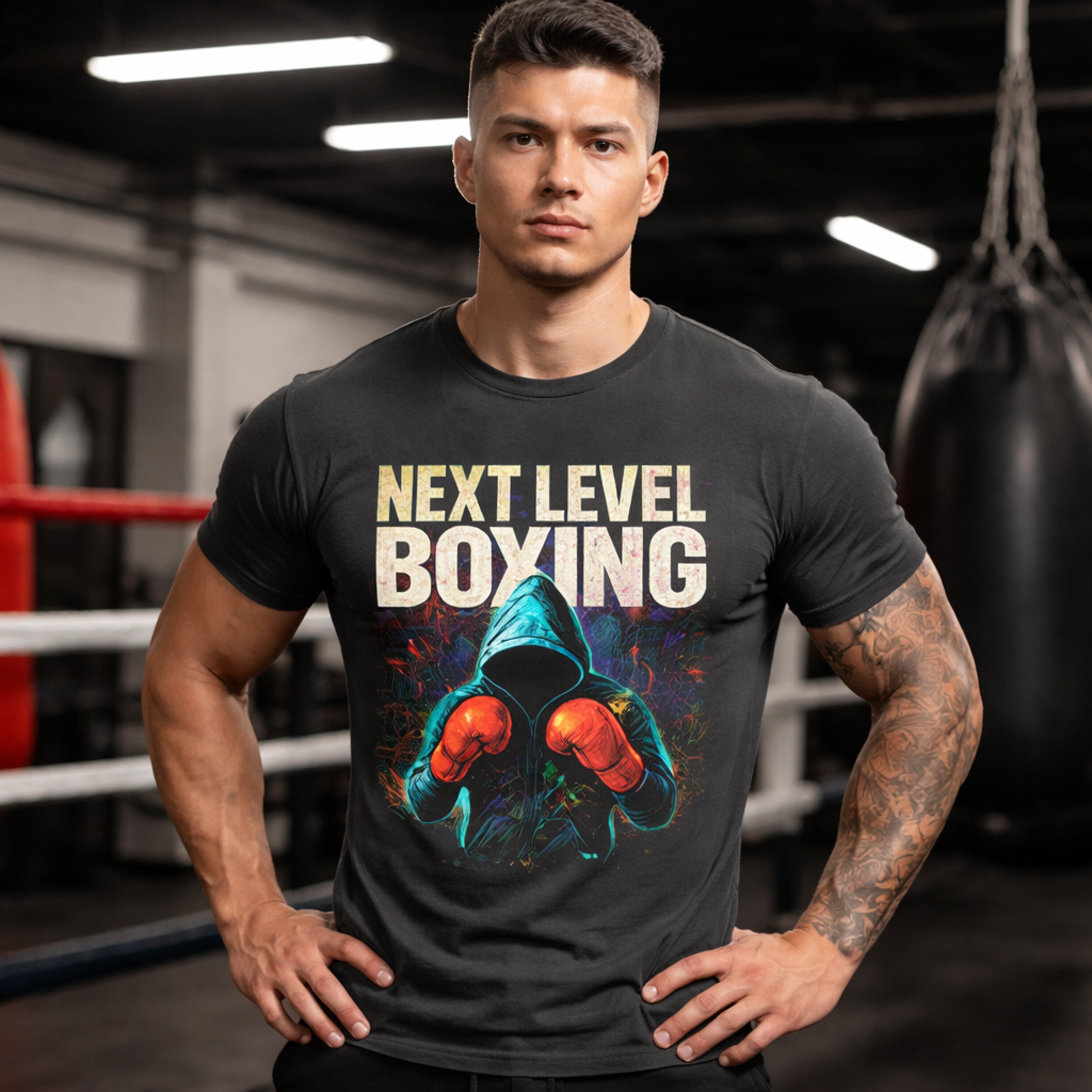 Next Level Boxing T-Shirt – Elite Gym Training Graphic Tee 3 Muscular male wearing charcoal Next Level Boxing graphic gym t shirt looking at camera