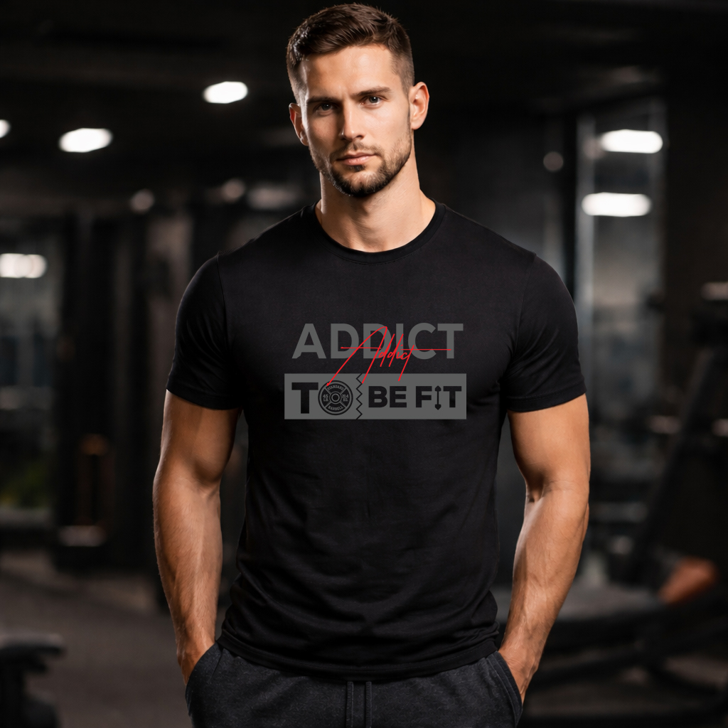 Premium Gym T Shirt black Addict To Be Fit motivational fitness design front view