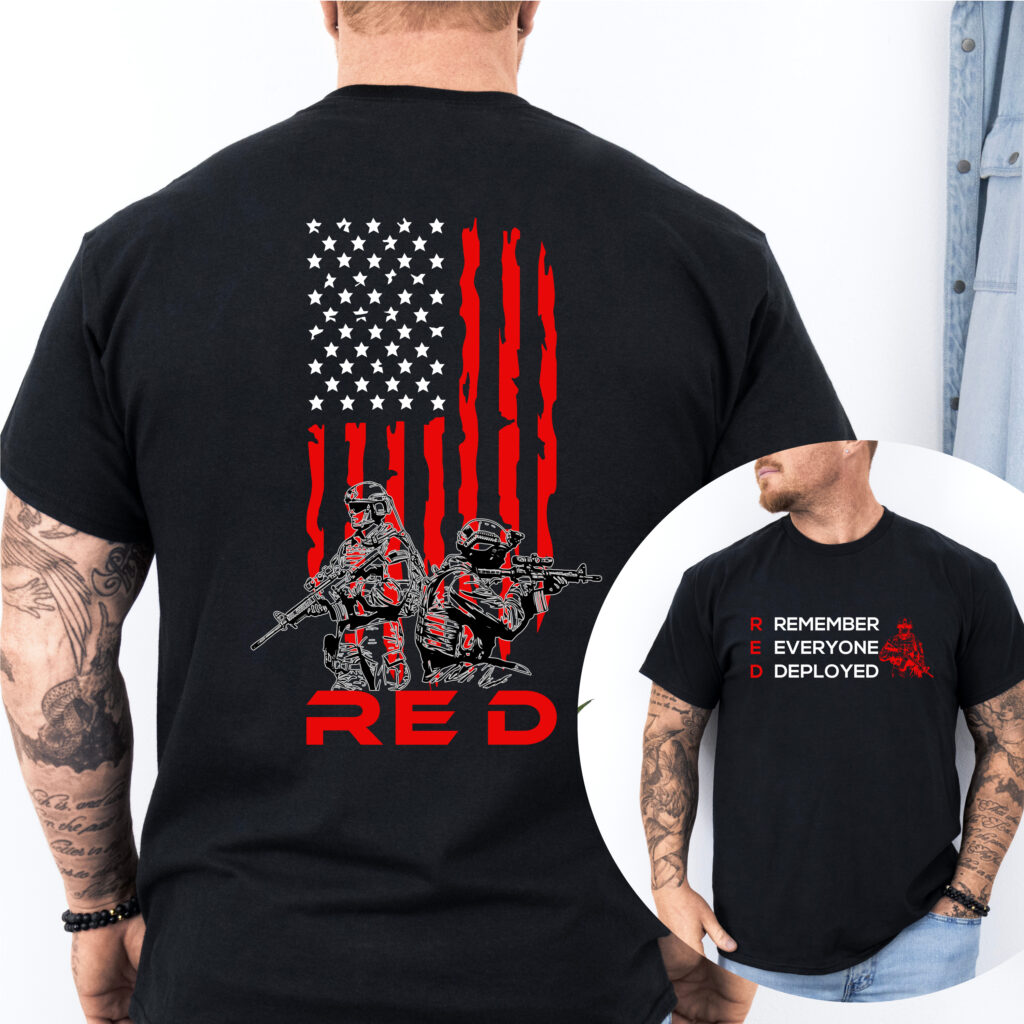 remember everyone deployed t shirt black back military red flag design