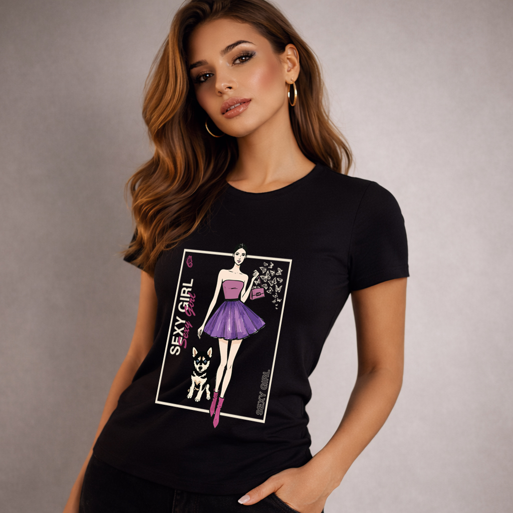 Sexy Girl women’s graphic t-shirt in black featuring stylish fashion girl illustration with purple dress and dog front print