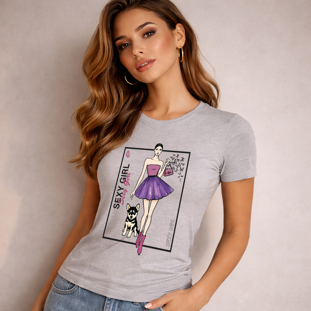 SEXY GIRL Fashion Illustration T-Shirt - Chic & Unique Graphic Tee for Women. 2 Sexy Girl women’s graphic t-shirt in gray featuring fashion illustration with purple skirt and dog design front print