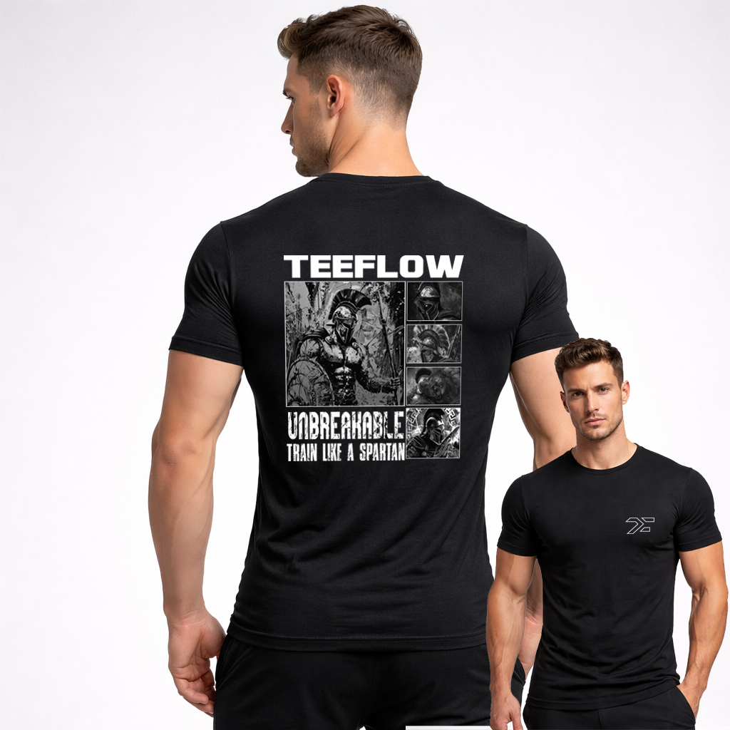 STREETWEAR 16 TeeFlow Spartan Unbreakable black t-shirt showing large spartan collage print in a clean studio setup.