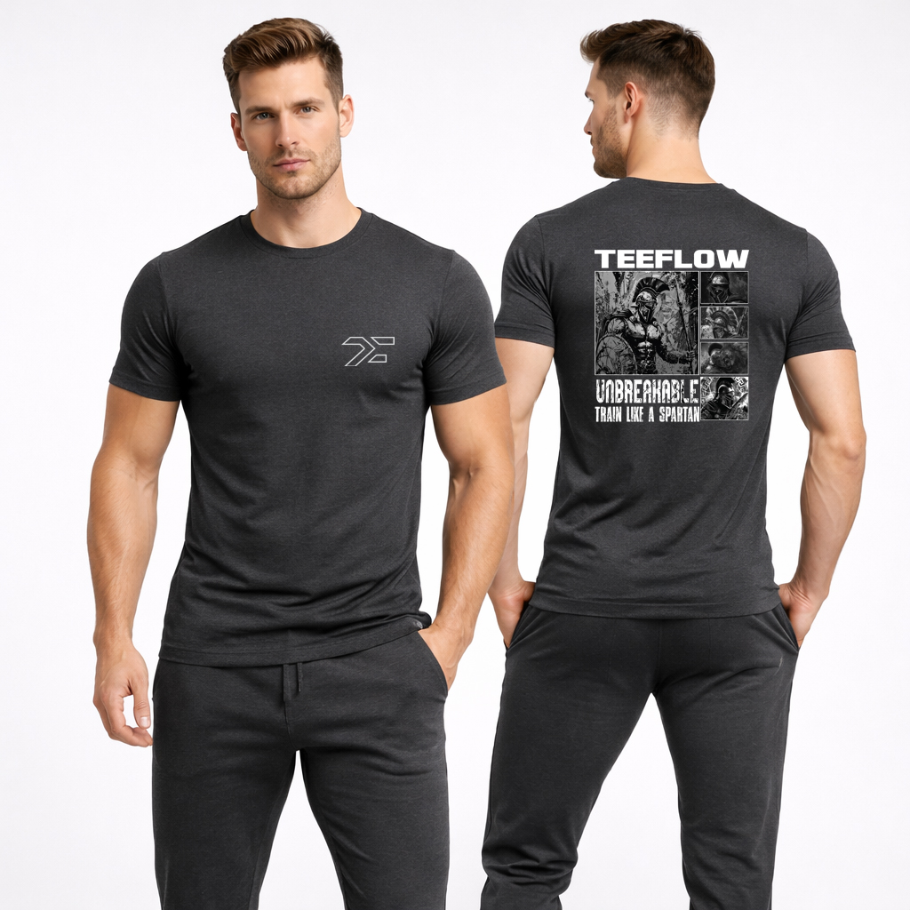 TeeFlow Spartan Unbreakable T-Shirt | Train Like a Spartan Gym Workout Tee | Premium Unisex Fitness Shirt 4 teeflow-spartan-unbreakable-studio-front-back-charcoal