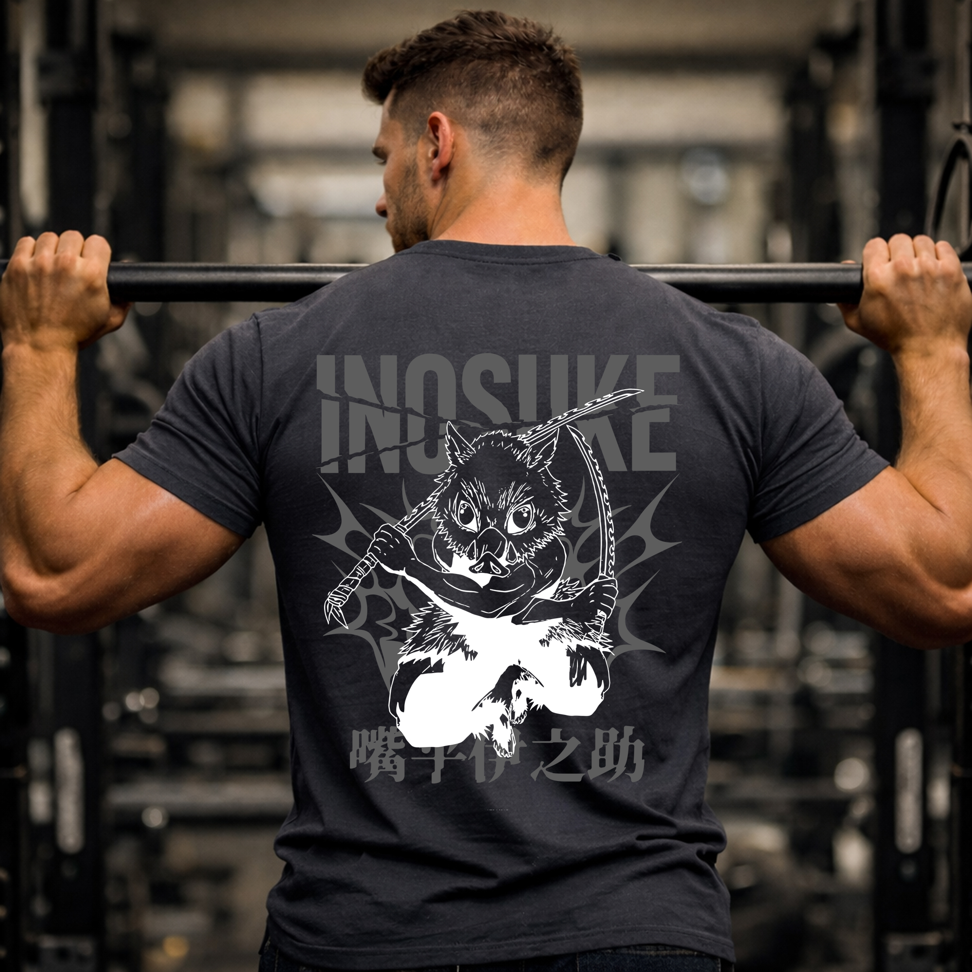 Inosuke Boar Mask T Shirt Epic Premium Anime Streetwear Tee 2-Sided Print 4 inosuke boar mask t shirt black back print gym workout mockup on muscular male model