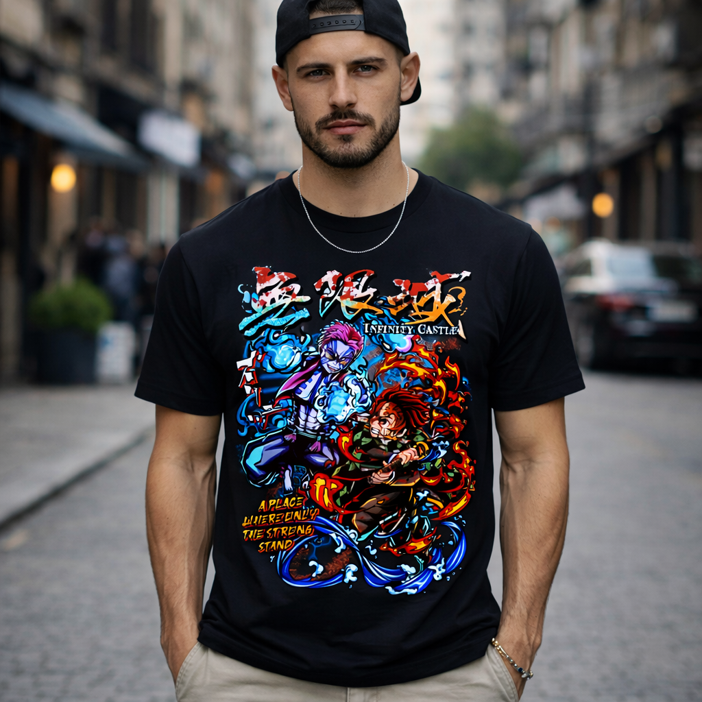 Young man wearing a black anime streetwear t-shirt with Infinity Castle graphic design, front view lifestyle photo in an urban city street background