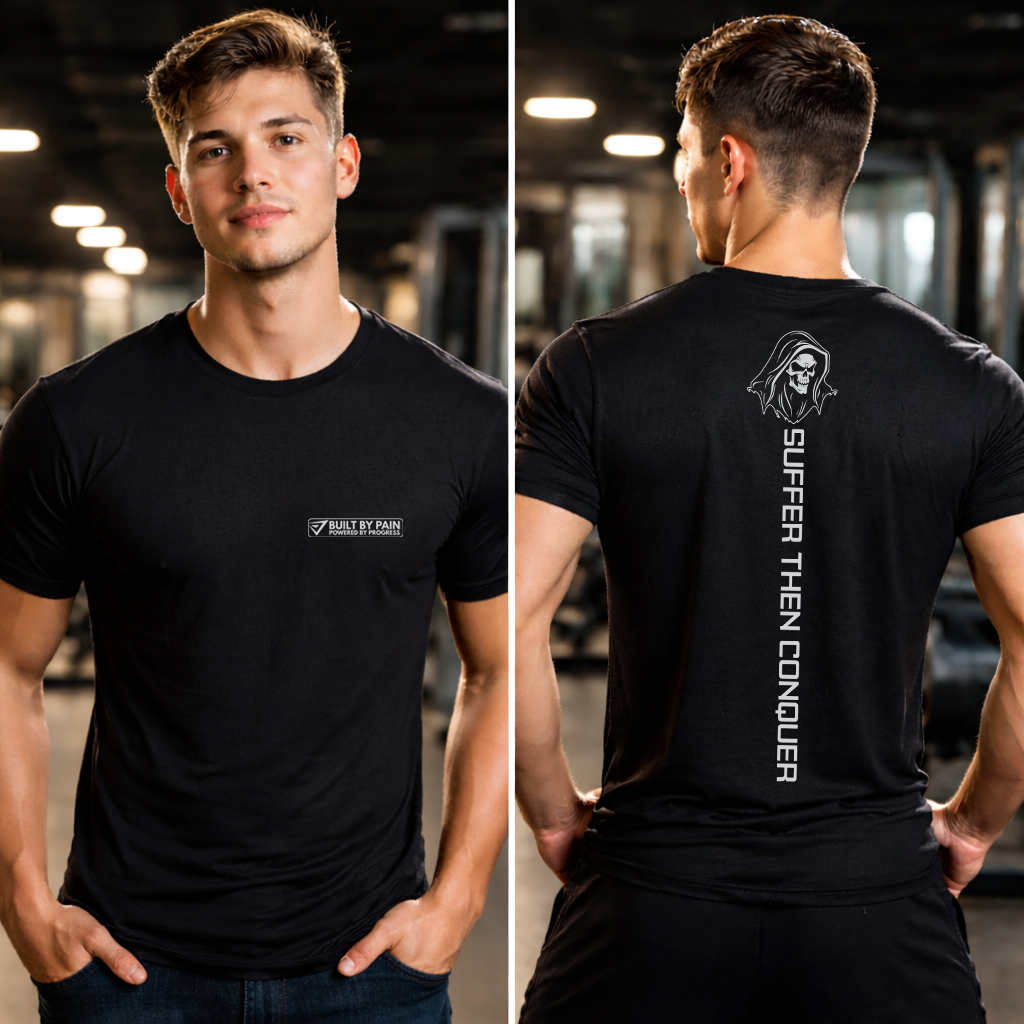 Built By Pain T-Shirt front and back gym mockup
