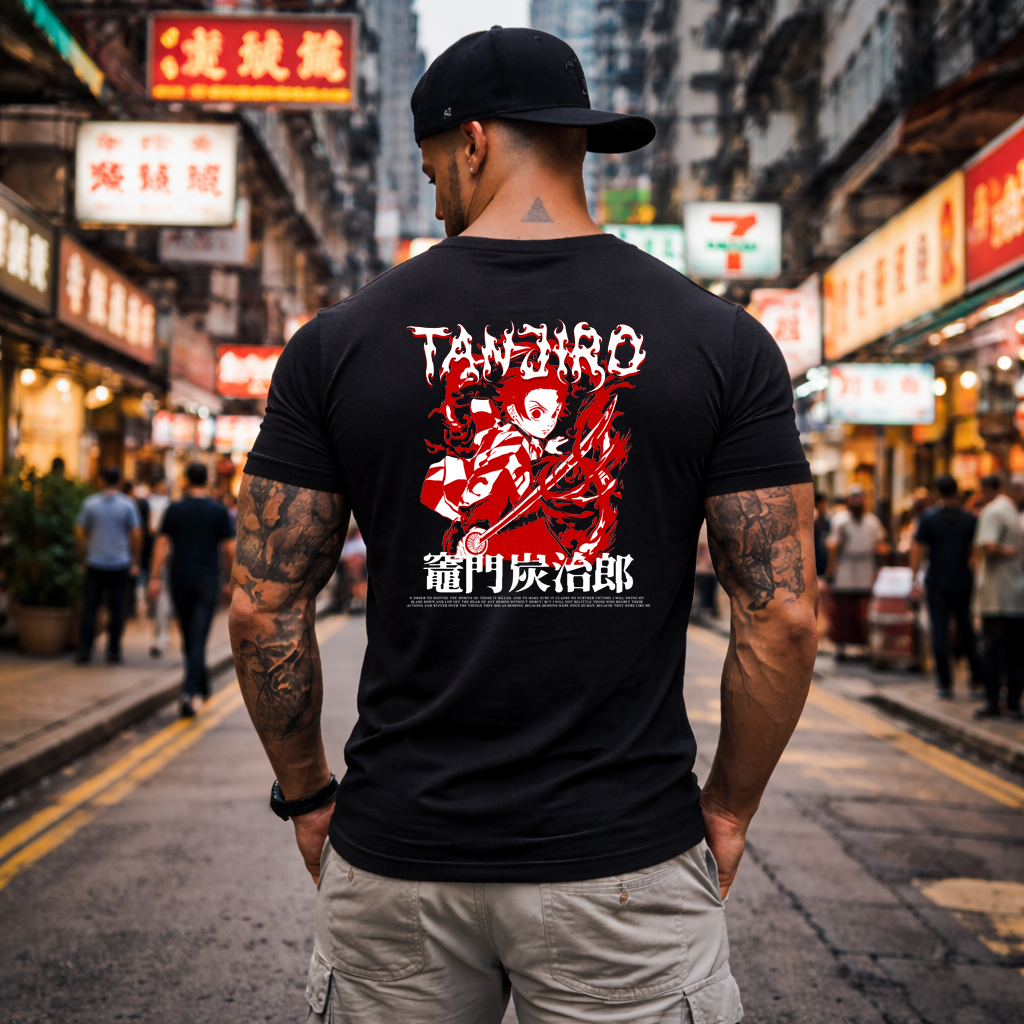Tanjiro Kamado Black anime inspired red samurai back print t shirt Japanese streetwear graphic tee urban night lifestyle
