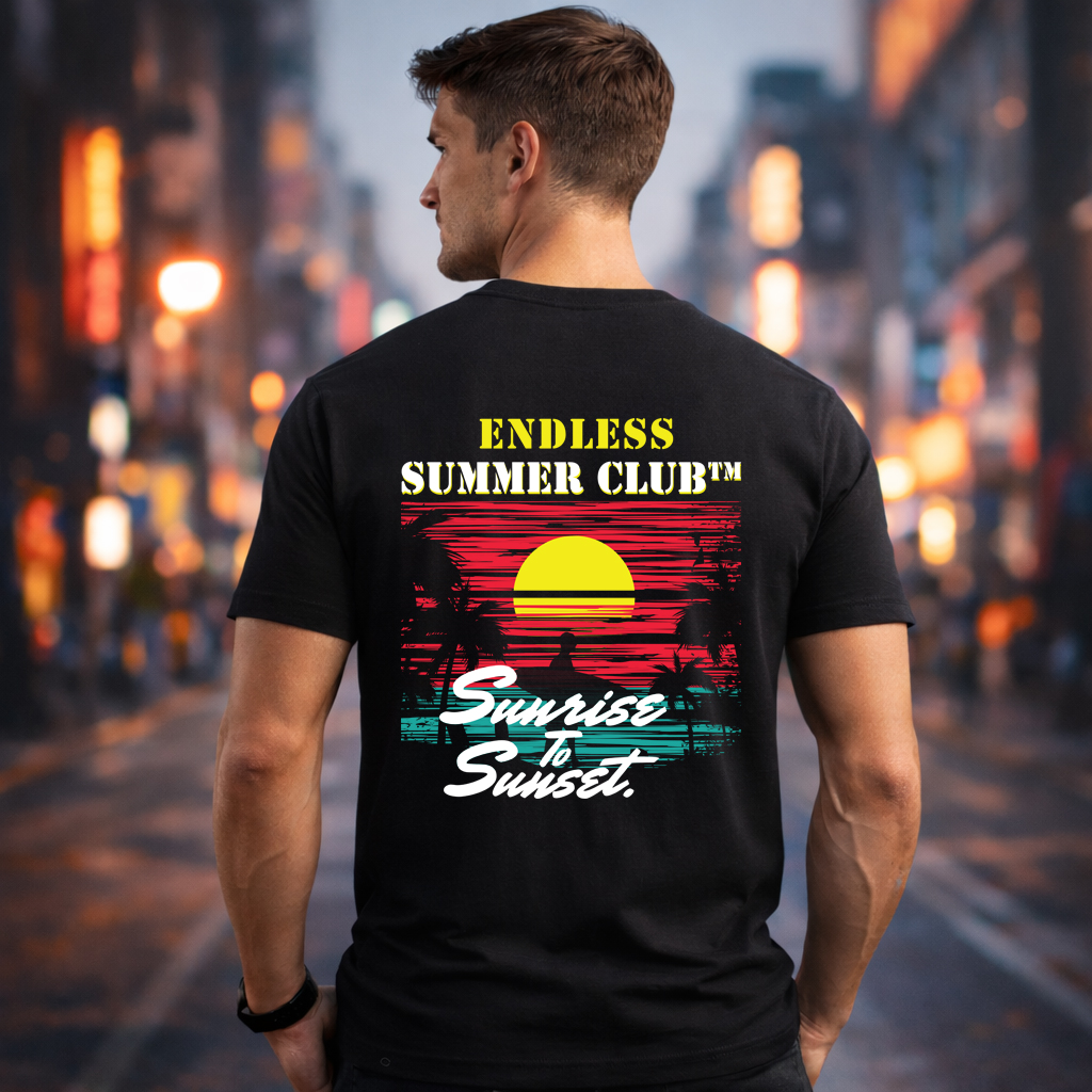Retro sunset t-shirt black color lifestyle back view endless summer club print