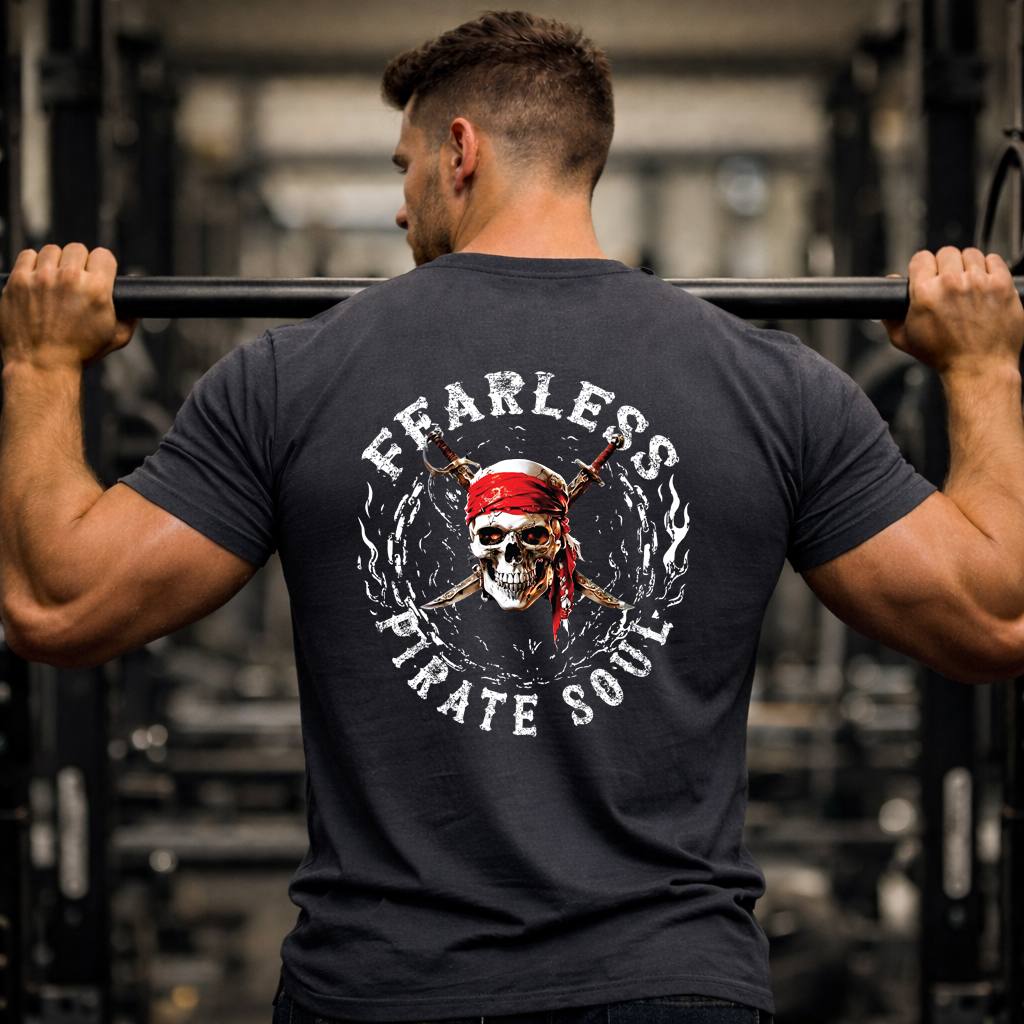 Grim Reaper Gym Tee – Fearless Skull Back Print | 3 Bold Colors 5 Charcoal Fearless Pirate Soul skull back print gym t shirt muscular athlete lifting barbell fitness apparel