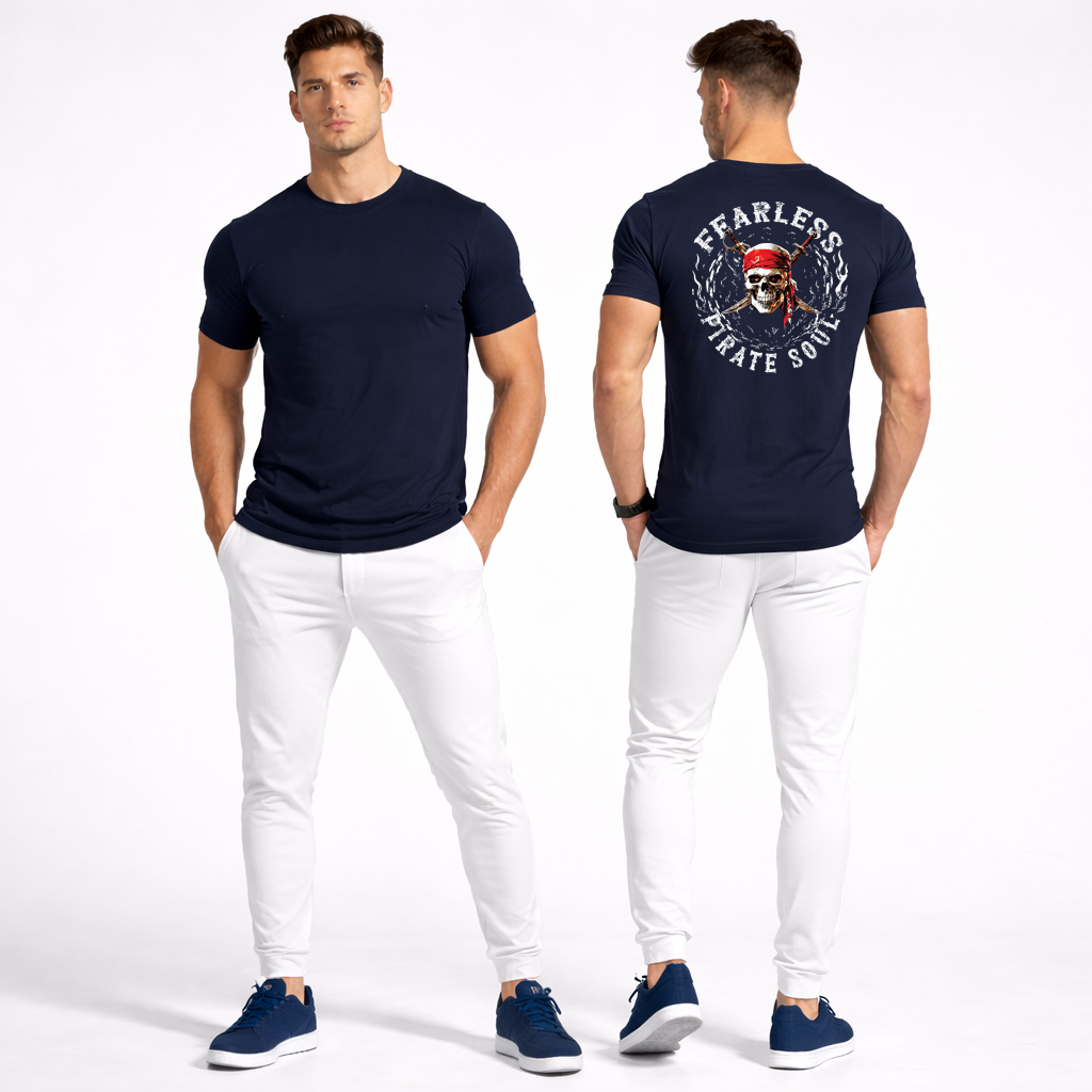 Grim Reaper Gym Tee – Fearless Skull Back Print | 3 Bold Colors 4 Navy blue Fearless Pirate Soul skull graphic men gym t shirt front and back view motivational fitness streetwear tee