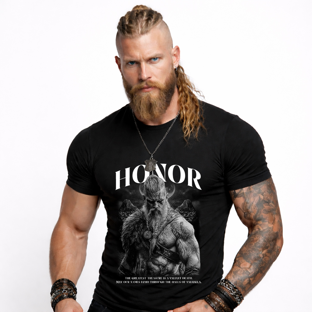 STREETWEAR 6 Honor warrior t-shirt in black with Viking mindset graphic front print streetwear studio photo