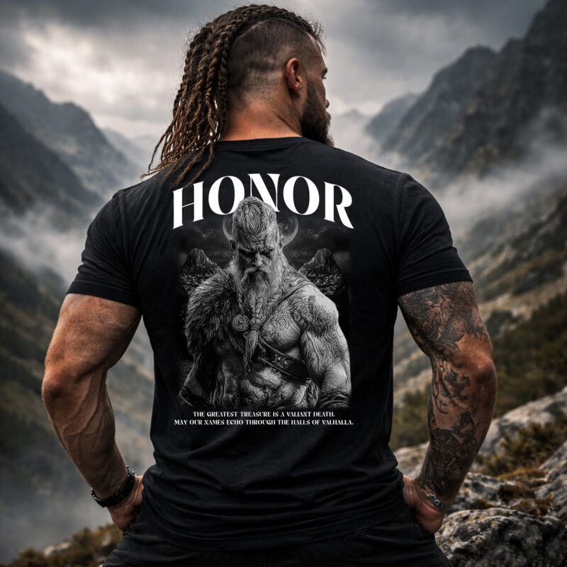 Honor warrior t-shirt in black with Viking mindset graphic front print streetwear studio photo