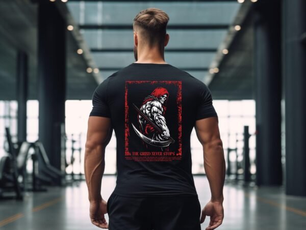 The Grind Never Stops" T-Shirt | Grim Reaper Gym Tee | Fitness Motivation Apparel | Workout Shirt