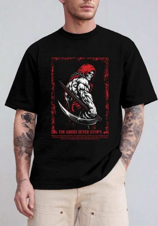 The Grind Never Stops" T-Shirt | Grim Reaper Gym Tee | Fitness Motivation Apparel | Workout Shirt - Image 3