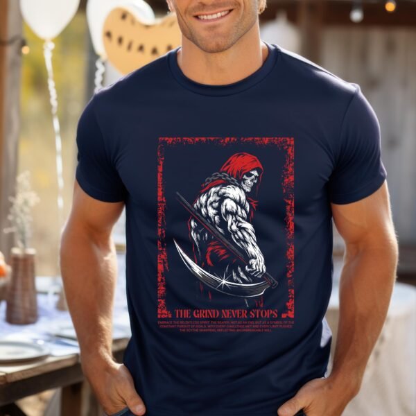 The Grind Never Stops" T-Shirt | Grim Reaper Gym Tee | Fitness Motivation Apparel | Workout Shirt - Image 2