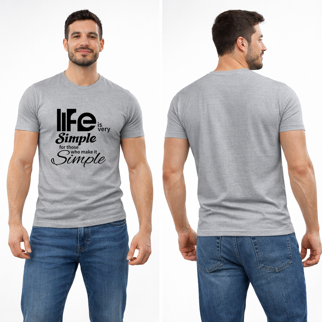 Life Is Very Simple Quote T-Shirt – Minimalist Motivational Graphic Tee (Unisex) 4 Heather gray t-shirt front and back mockup featuring “Life is very Simple” motivational quote design, premium unisex graphic tee.