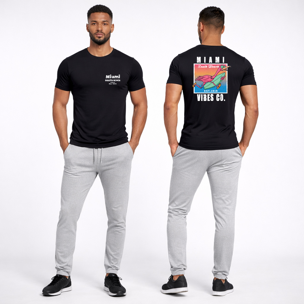 Miami Vibes T Shirt – Epic Premium South Beach Tee (2-Sided Print) 3 miami vibes t shirt black front and back studio mockup featuring retro south beach flamingo surf design