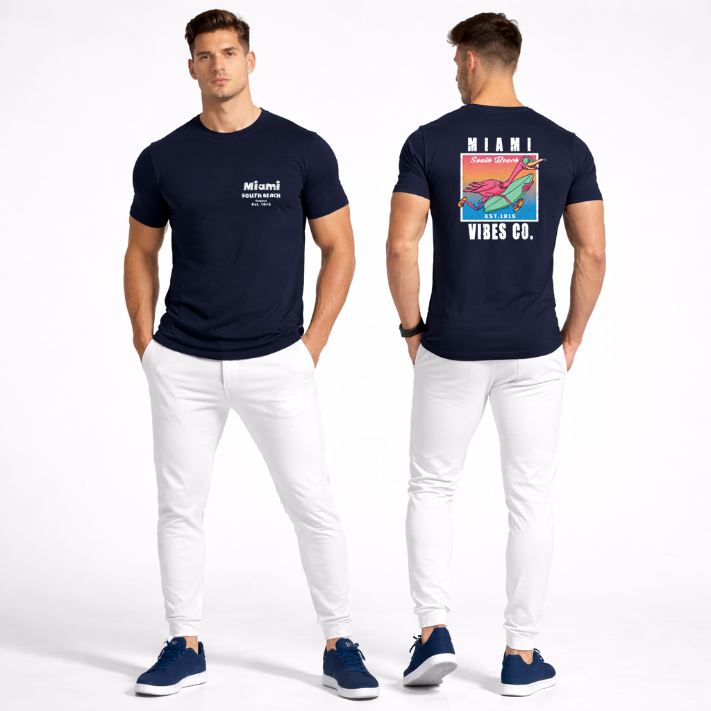 Miami Vibes T Shirt – Epic Premium South Beach Tee (2-Sided Print) 2 miami vibes t shirt navy front and back studio mockup with south beach flamingo surf back graphic