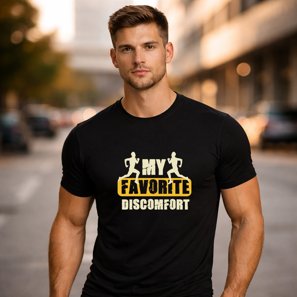 Muscular male model wearing black My Favorite Discomfort motivational gym t shirt in urban street at sunset fitness streetwear style