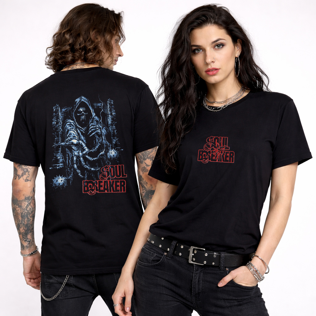Soul Breaker t-shirt black unisex front and back view rock style couple studio photo