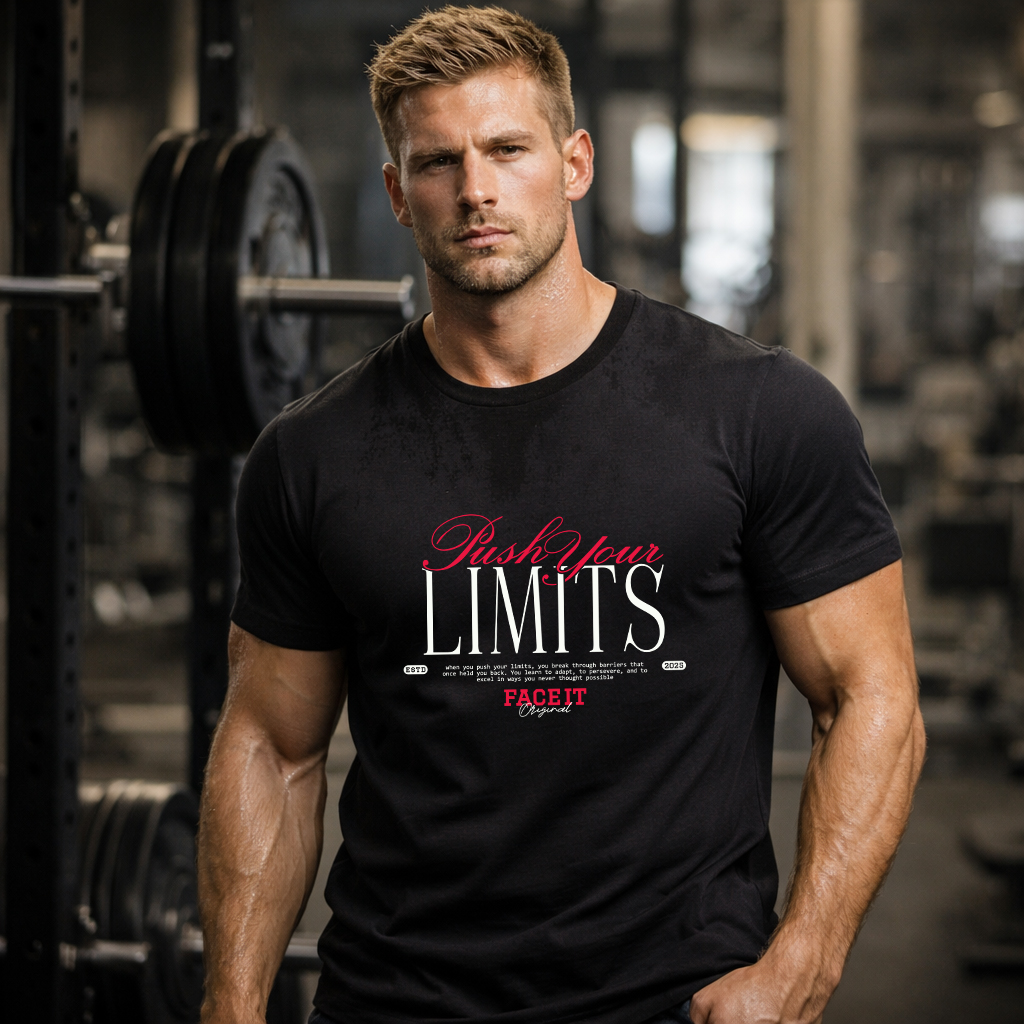 Push Your Limits Gym T-Shirt – Top 1 Motivational Workout Tee (Unisex) 4 Push Your Limits gym t-shirt in black worn by athlete in gym lifestyle photo, motivational workout tee