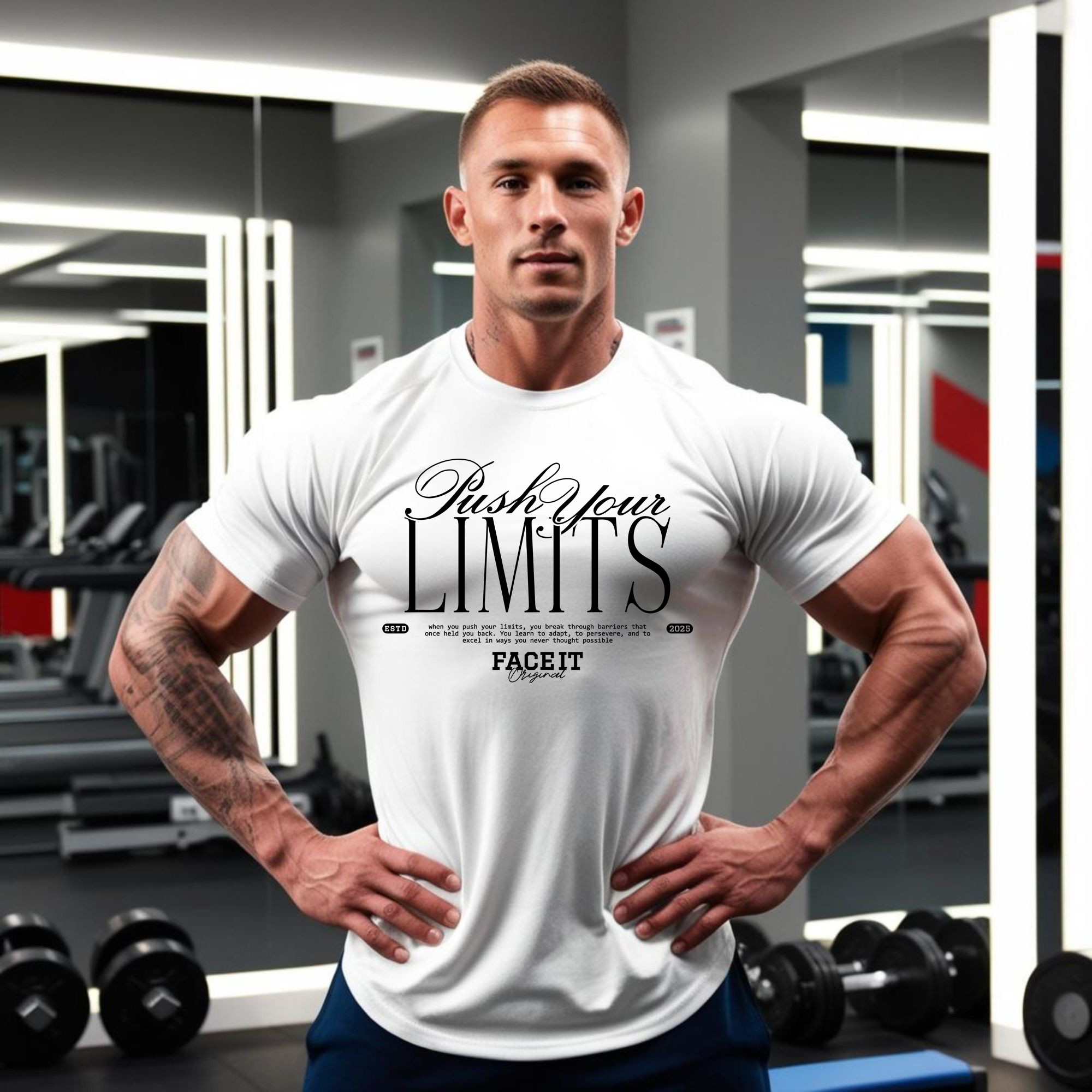 Push Your Limits Gym T-Shirt – Top 1 Motivational Workout Tee (Unisex) 2 Push Your Limits gym t-shirt in white worn by athlete in gym lifestyle photo, motivational workout tee