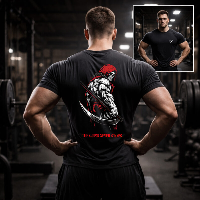 Grim Reaper Gym Tee mockup in dark gym showing The Grind Never Stops back print