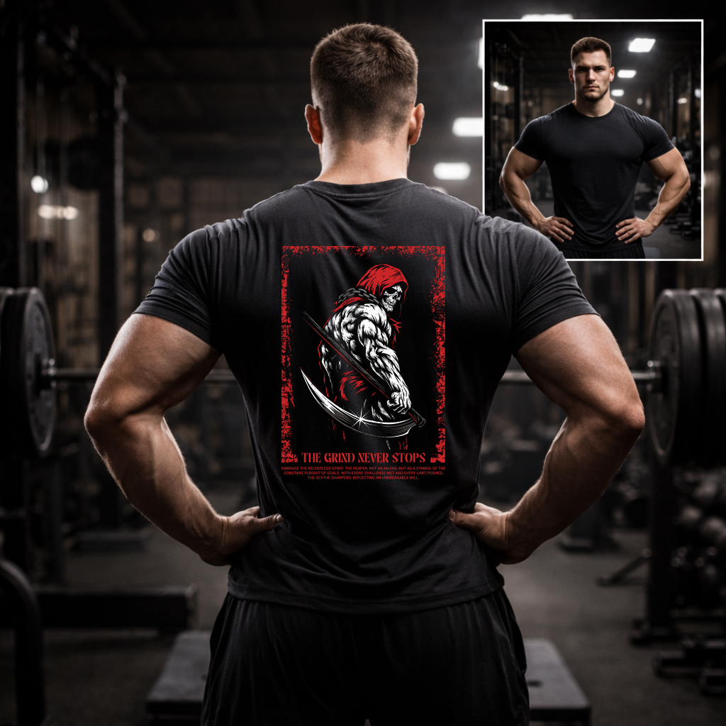 STREETWEAR 11 Grim Reaper Gym Tee mockup in dark gym showing The Grind Never Stops back print