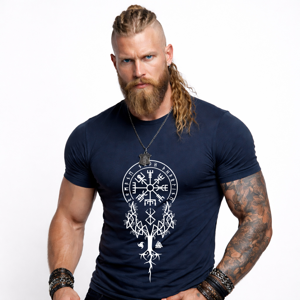 STREETWEAR 5 Navy Viking Vegvisir t-shirt with red Norse rune symbol front print