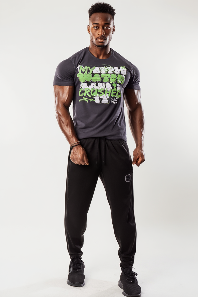 Funny Gym Motivation T-Shirt – Bold Fitness Humor Graphic Tee 2 athletic male model wearing funny gym t shirt during workout session