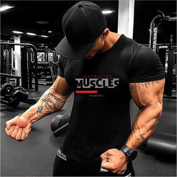 Installing Muscles Please Wait" T-Shirt | Funny Bodybuilding & Workout Tee - Image 3