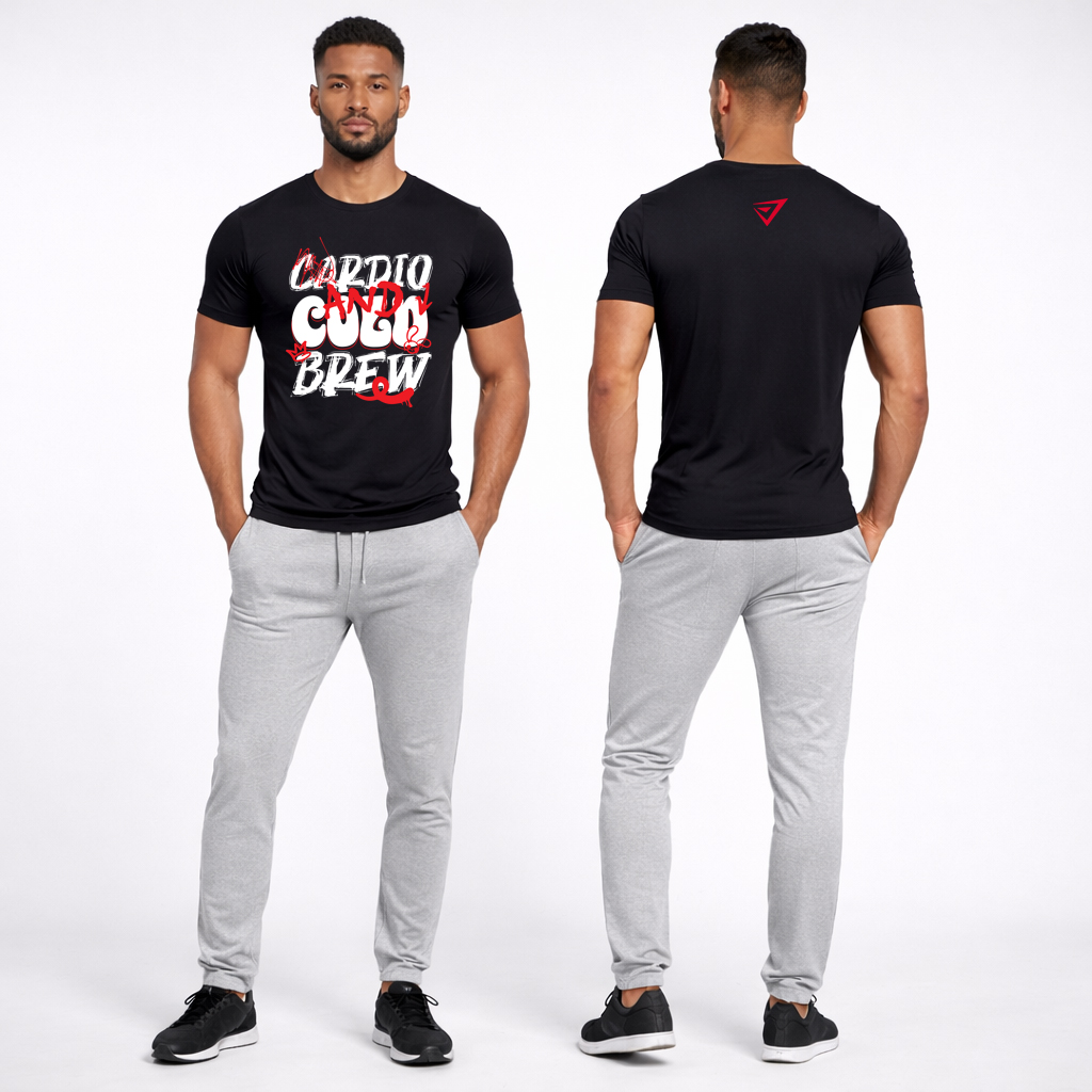 Cardio and Cold Brew t shirt black front and back view studio workout photo