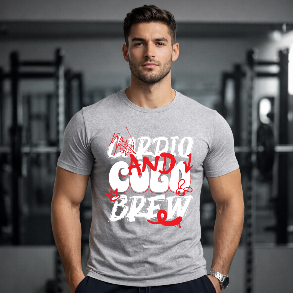 Cardio and Cold Brew T Shirt 4.6 oz Funny Gym & Coffee Graphic Unisex Tee 3 Cardio and Cold Brew t shirt gray gym studio mockup front view