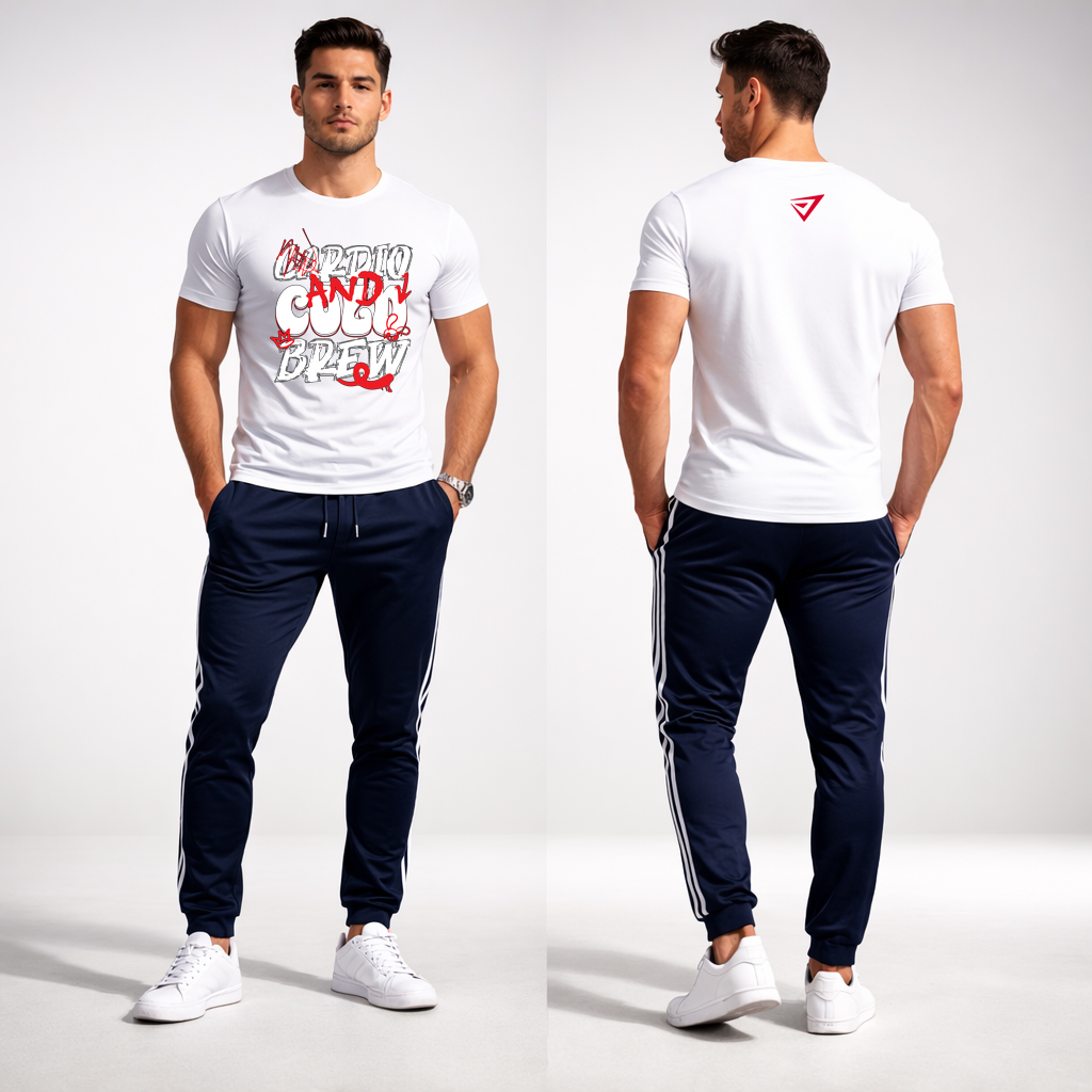 Cardio and Cold Brew T Shirt 4.6 oz Funny Gym & Coffee Graphic Unisex Tee 4 Cardio and Cold Brew t shirt white front and back studio mockup