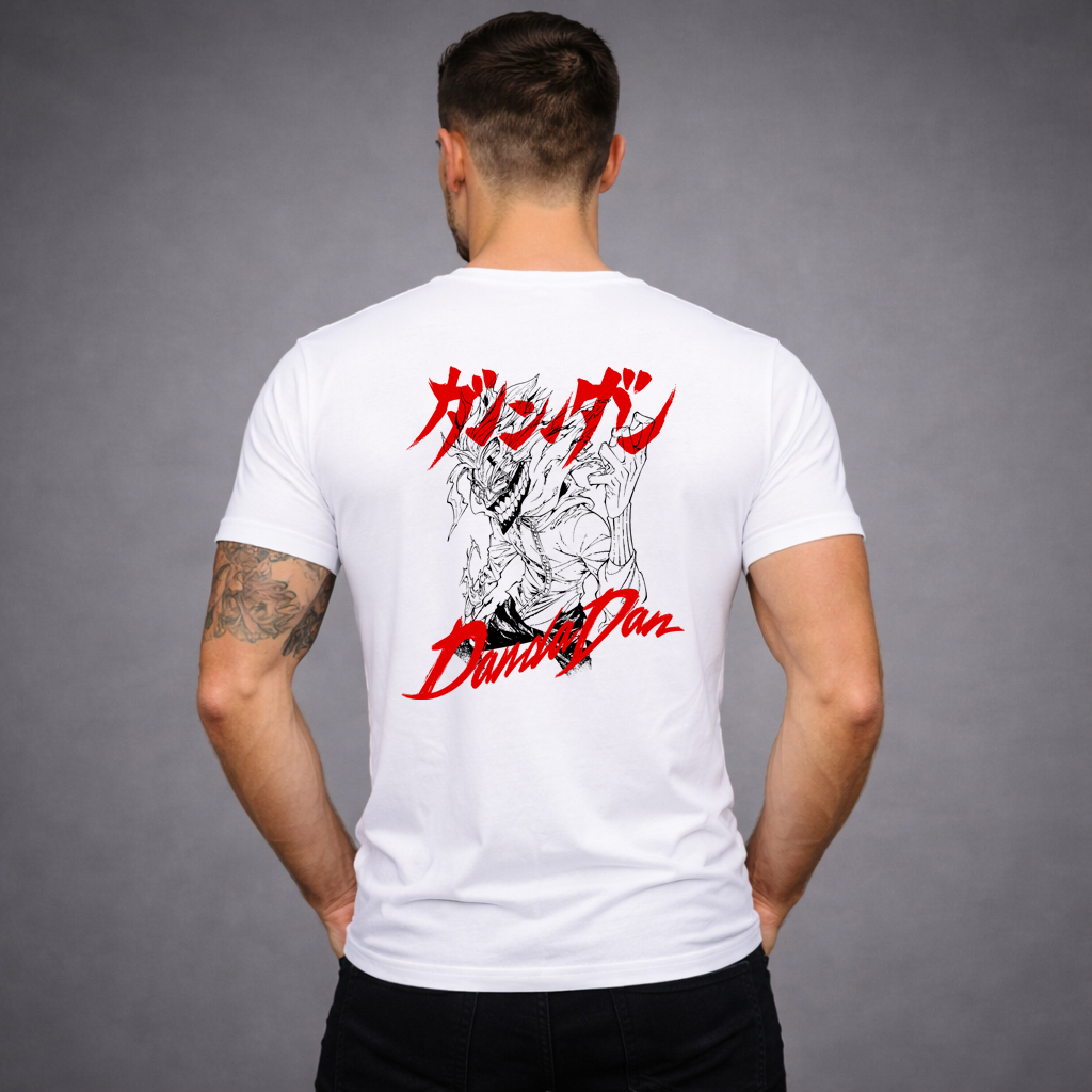 DanDaDan Anime T-Shirt Front and Back Print Japanese Streetwear Graphic Tee 3 White Dandadan anime graphic t-shirt back print with red Japanese text and demon artwork