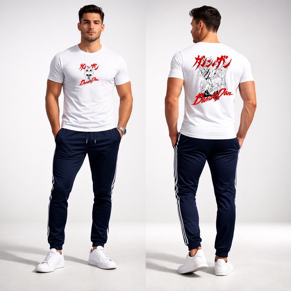 DanDaDan Anime T-Shirt Front and Back Print Japanese Streetwear Graphic Tee 5 White Dandadan anime graphic t-shirt worn by male model showing front and back print