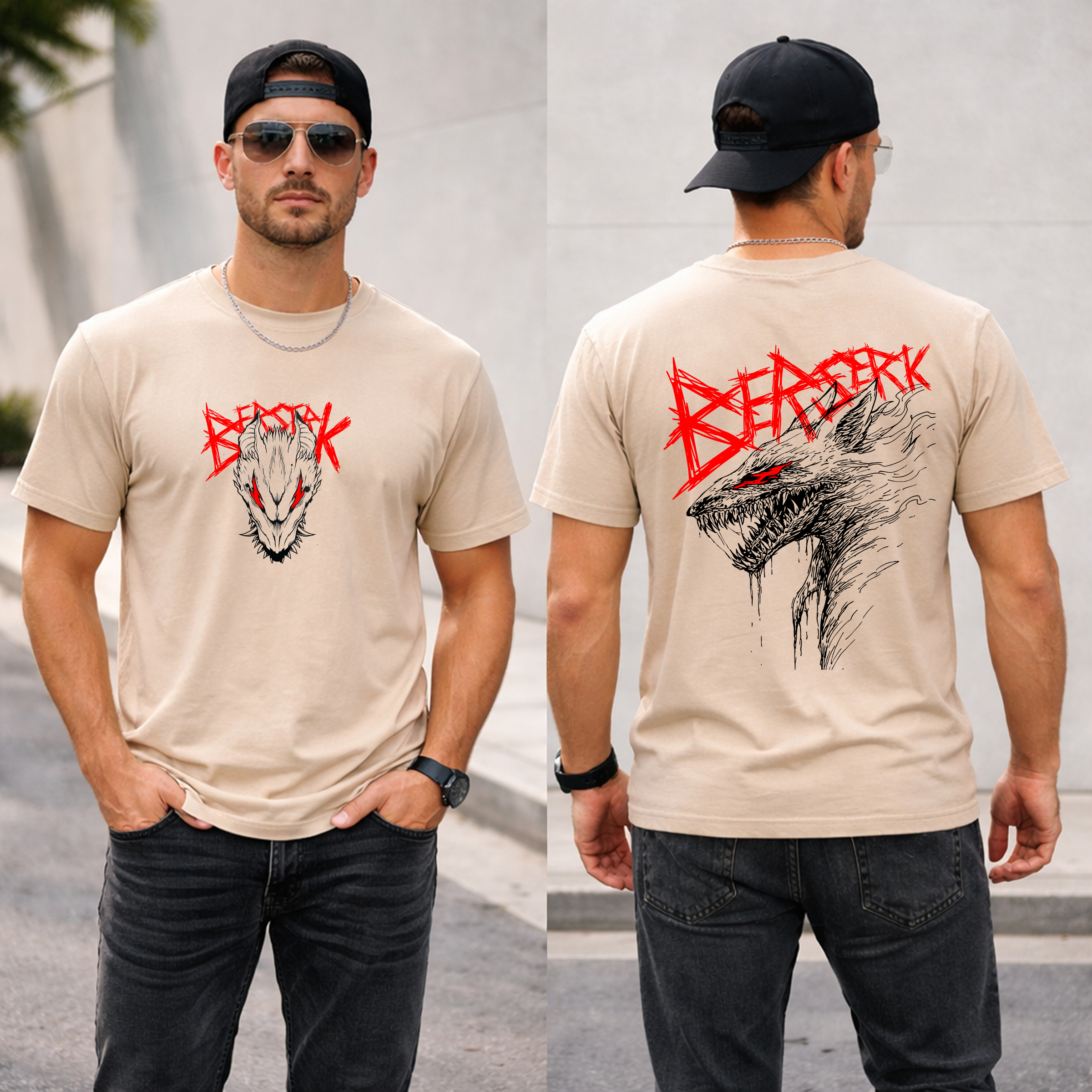 Berserk Graphic T Shirt for Men Gym & Streetwear Tee 8 Beige t-shirt with wolf graphic design.