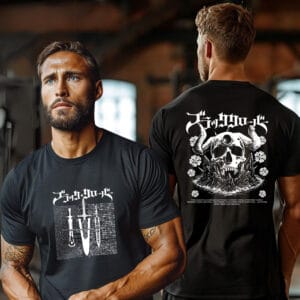 Man in neon-lit urban alley wearing the black Demon Grimoire Anime T-Shirt, showing the front sword graphic as streetwear.