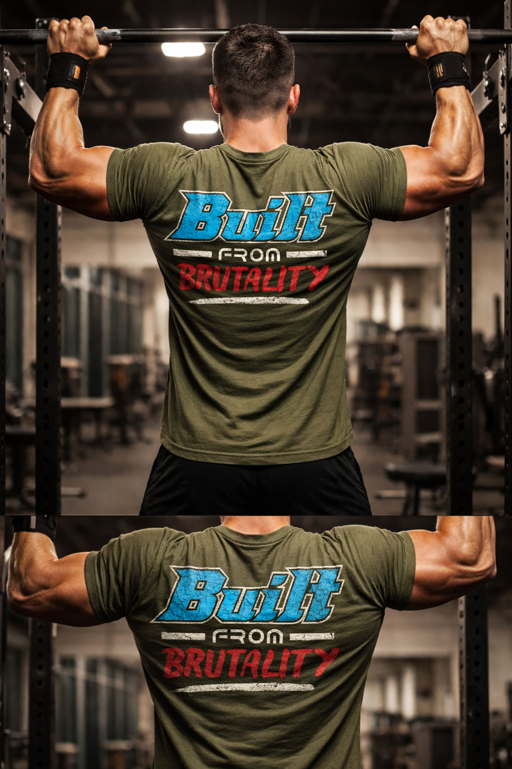 Built from Brutality Gym T-Shirt - Power, Pain & Progress Unisex Workout Tee by TeeFlow USA 2 Gym t-shirt back view pull-up workout built from brutality design