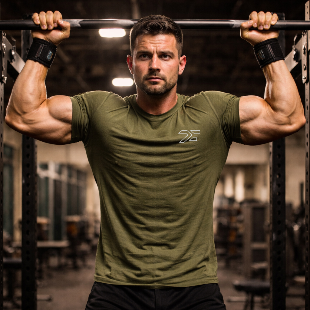 Built from Brutality Gym T-Shirt - Power, Pain & Progress Unisex Workout Tee by TeeFlow USA 3 Olive gym t-shirt with Built From Brutality design, front view lifestyle