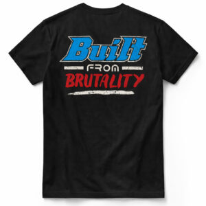 Black gym t-shirt with Built From Brutality design, front view studio mockup