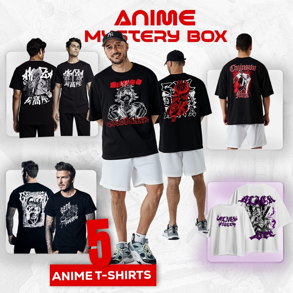 Man wearing the "Zenith" shirt from the TeeFlow USA Anime Mystery Box in a neon alley, with his friend admiring it.