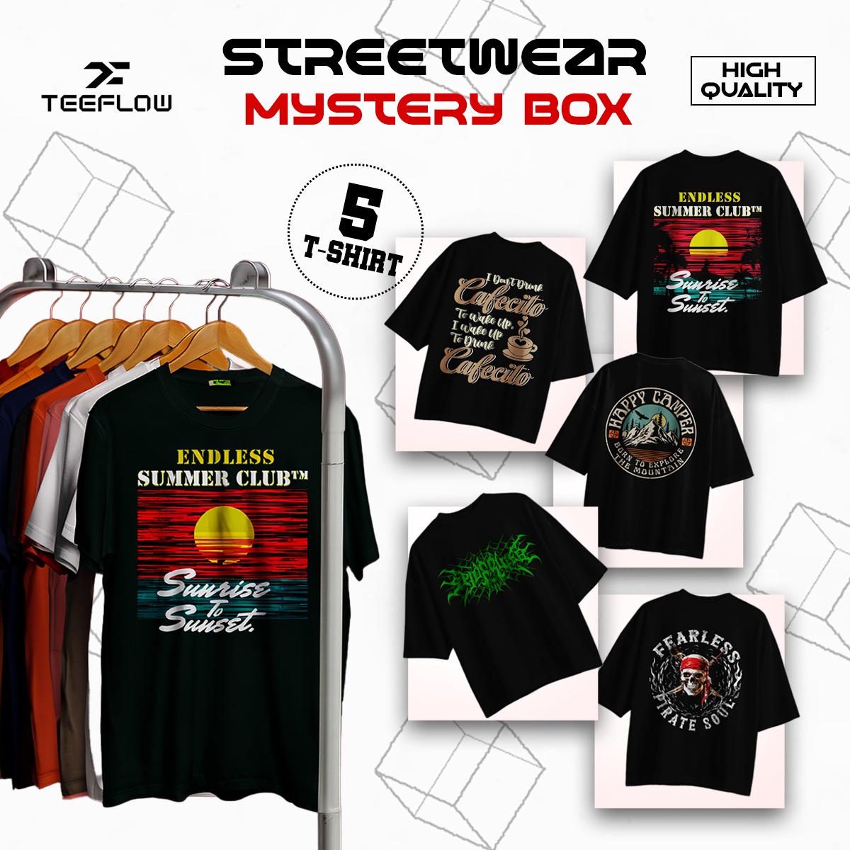 TeeFlow Streetwear Mystery Box – 5 Premium Urban Graphic T-Shirts for Men & Women (Unisex S-XL) - Cotton Poly Blend, Exclusive Designs 2 Five men modeling diverse graphic streetwear T-shirts: pirate skull, green graffiti, sunset, mountain, and Cafecito designs.