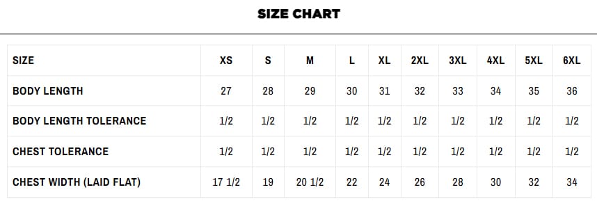TeeFlow USA Punisher Skull Graphic Tee - Marvel Comic Inspired 100% Preshrunk Cotton Shirt for Men & Women 19 ZENITH Cyber Warrior T-Shirt size chart showing body length, chest width for sizes XS to 6XL