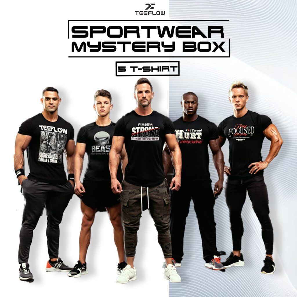 Athletes wearing motivational TeeFlow Sportwear Mystery Box t-shirts, stretching on a rooftop at sunrise post-workout.