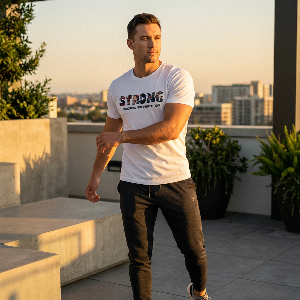 TeeFlow USA "STRONG - Progress Not Perfection" Motivational T-Shirt - Premium Cotton Gym & Life Tee for Self-Improvement 7 Man in white TeeFlow USA STRONG Progress Not Perfection motivational gym t-shirt posing with dumbbells