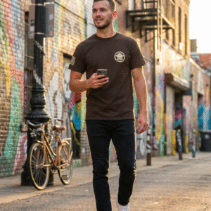 Man in brown TeeFlow USA Punisher Skull Graphic Tee, jeans, and sneakers walks through sunny mural alley, holding phone.