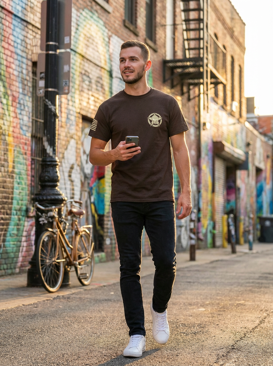 TeeFlow USA Punisher Skull Graphic Tee - Marvel Comic Inspired 100% Preshrunk Cotton Shirt for Men & Women 1 Man in brown TeeFlow USA Punisher Skull Graphic Tee, jeans, and sneakers walks through sunny mural alley, holding phone.