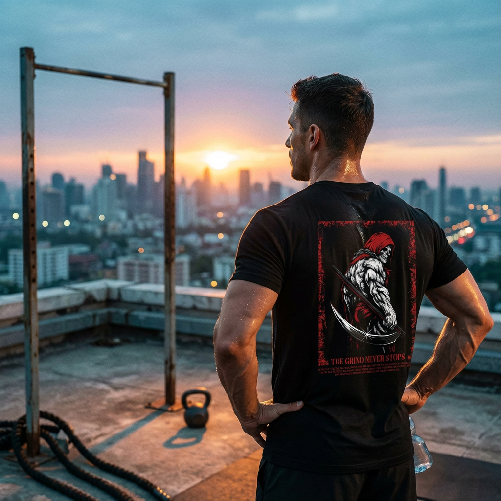 TeeFlow USA "The Grind Never Stops" Grim Reaper Gym Tee - Cotton-Poly Blend Workout Shirt for Men & Women 6 Care instructions graphic for "The Grind Never Stops" gym tee: wash cold, gentle, air or tumble dry low, iron inside out, no bleach or dry clean.