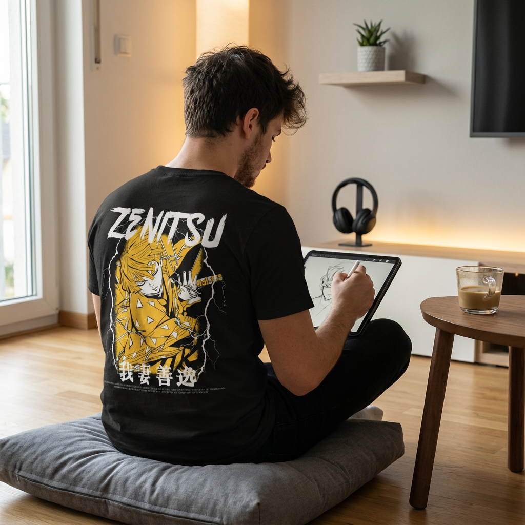 Zenitsu Agatsuma 'Thunder Breathing' Demon Slayer T-Shirt | Premium Anime Graphic Tee for Fans 6 Zenitsu Demon Slayer t-shirt size chart for men and women, showing body length and chest width in inches, XS-6XL